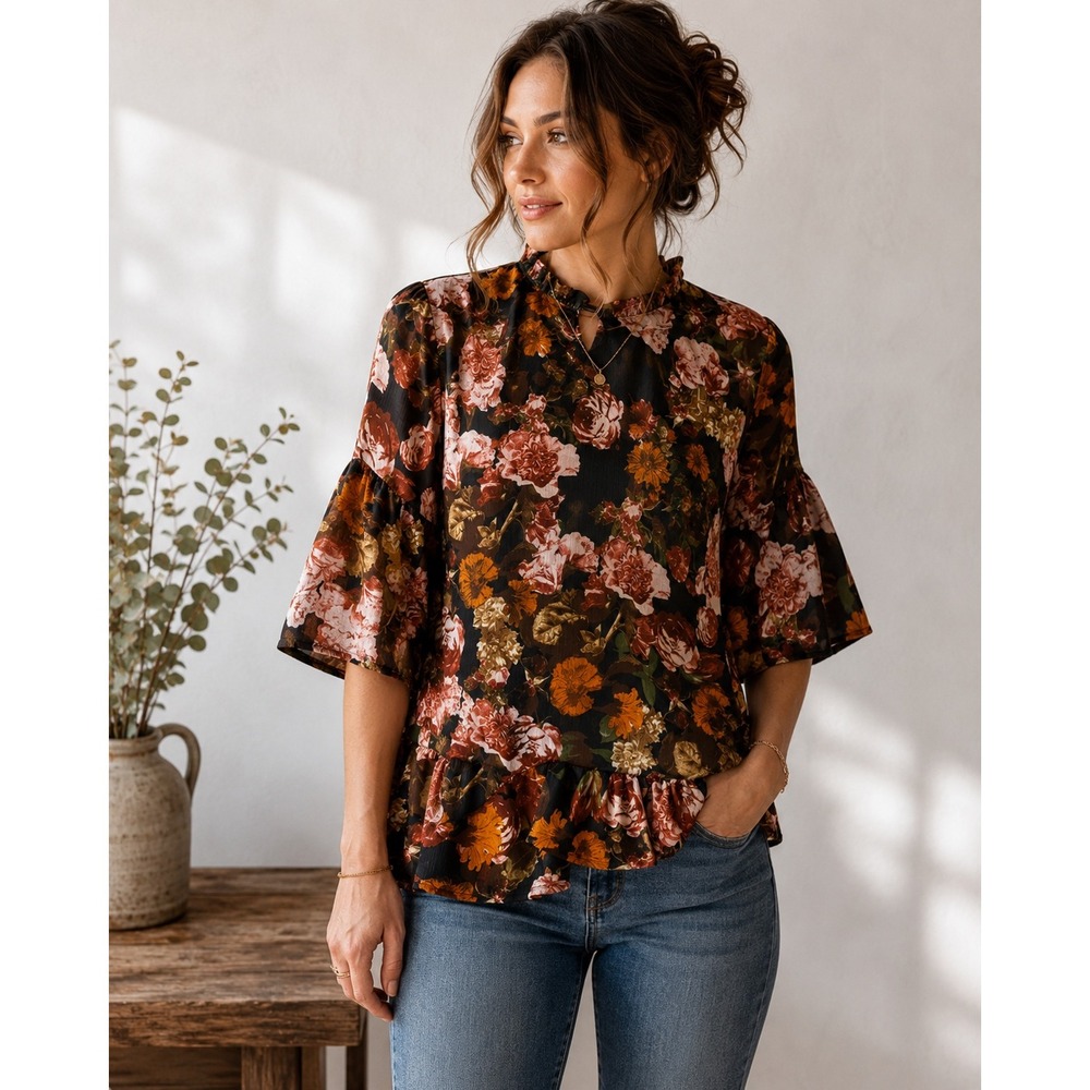 H&M Size 8 Floral Ruffle Peplum Blouse Sheer Bell Sleeve Fall Cottagecore